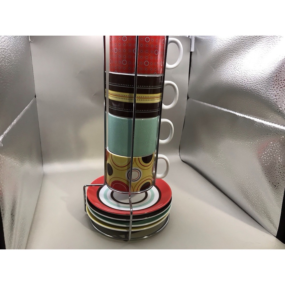 Caribou Coffee 4 Cups And 4 Saucers‎ With Stand 13" High 6" Wide